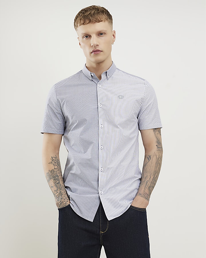 Grey Slim Fit Spliced Stripe Shirt