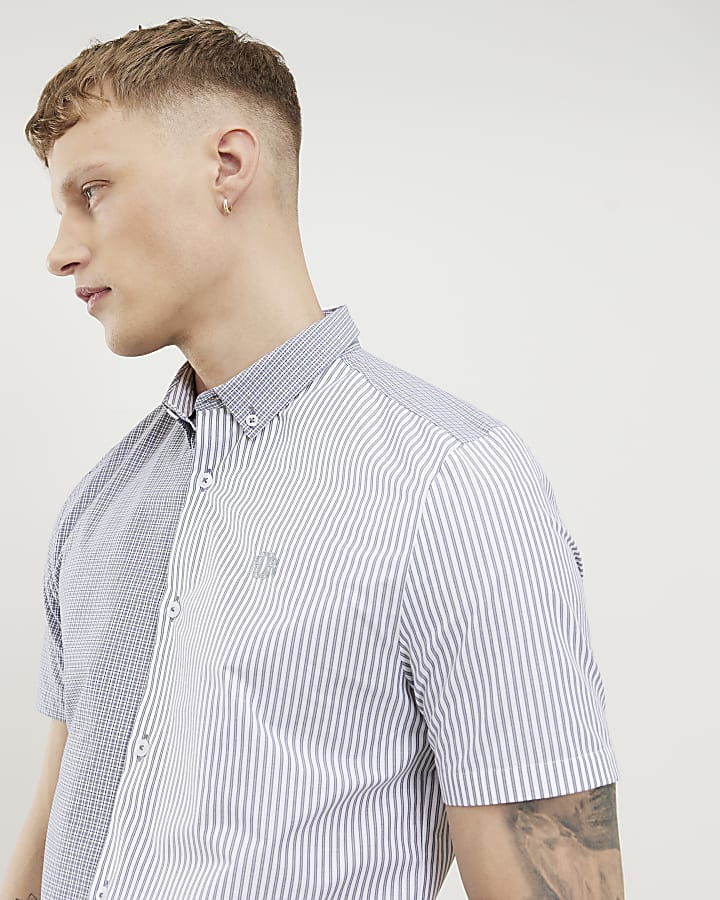 Grey Slim Fit Spliced Stripe Shirt