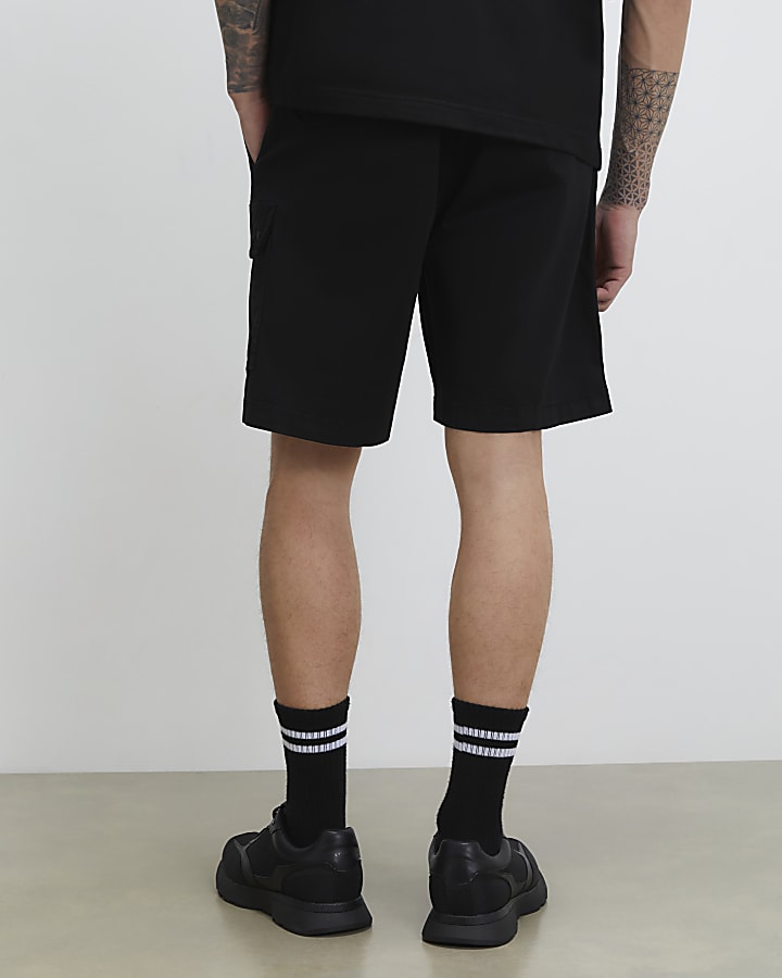 Black Regular Fit Longer Length Cargo Shorts