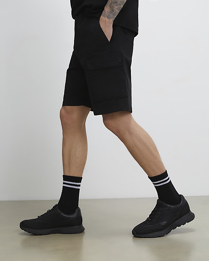 Black Regular Fit Longer Length Cargo Shorts