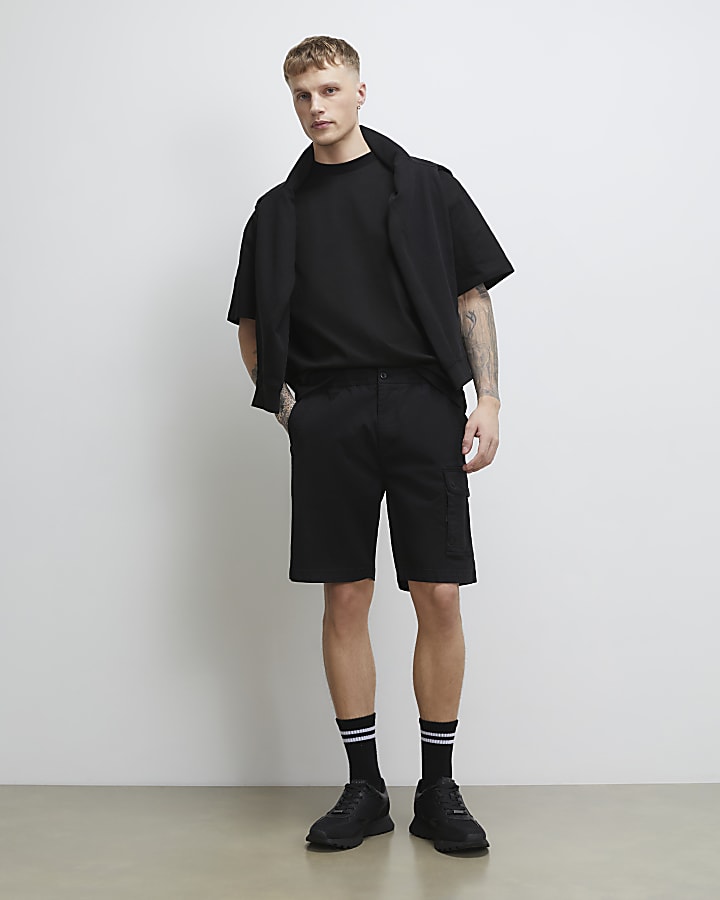 Black Regular Fit Longer Length Cargo Shorts