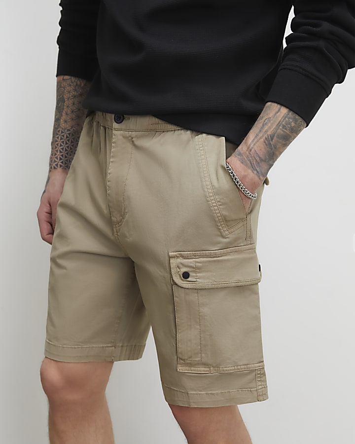 Beige Regular Fit Longer Length Cargo Shorts