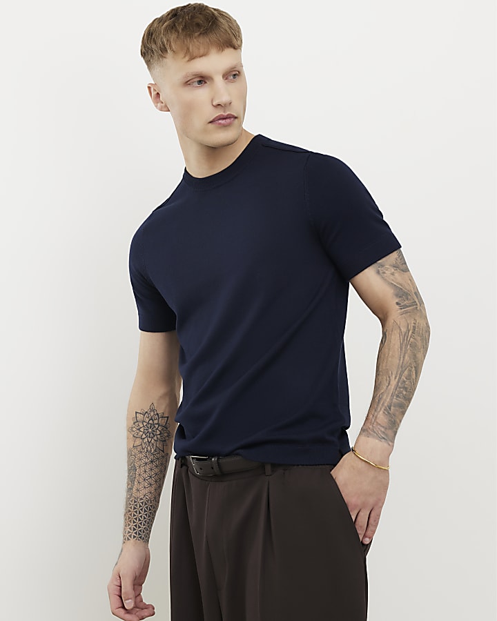 Navy Slim Fit Knitted T-Shirt