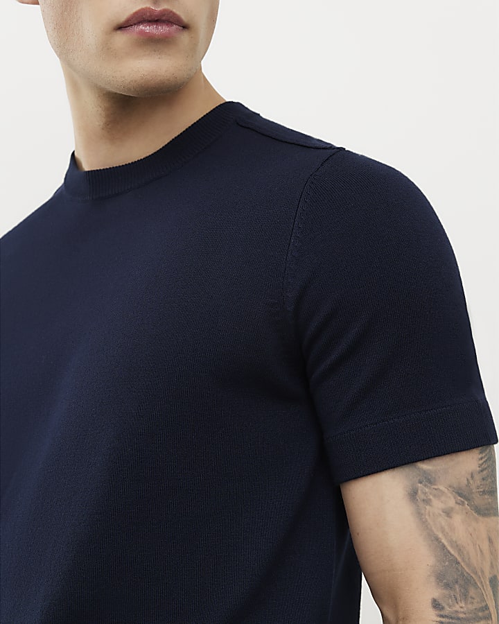 Navy Slim Fit Knitted T-Shirt