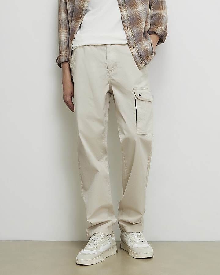 Cream Regular Fit Cargo Trousers