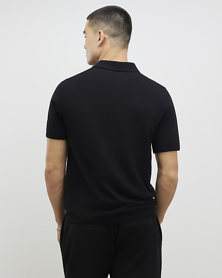 Black Slim Fit Knitted Polo Shirt