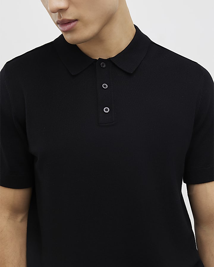 Black Slim Fit Knitted Polo Shirt