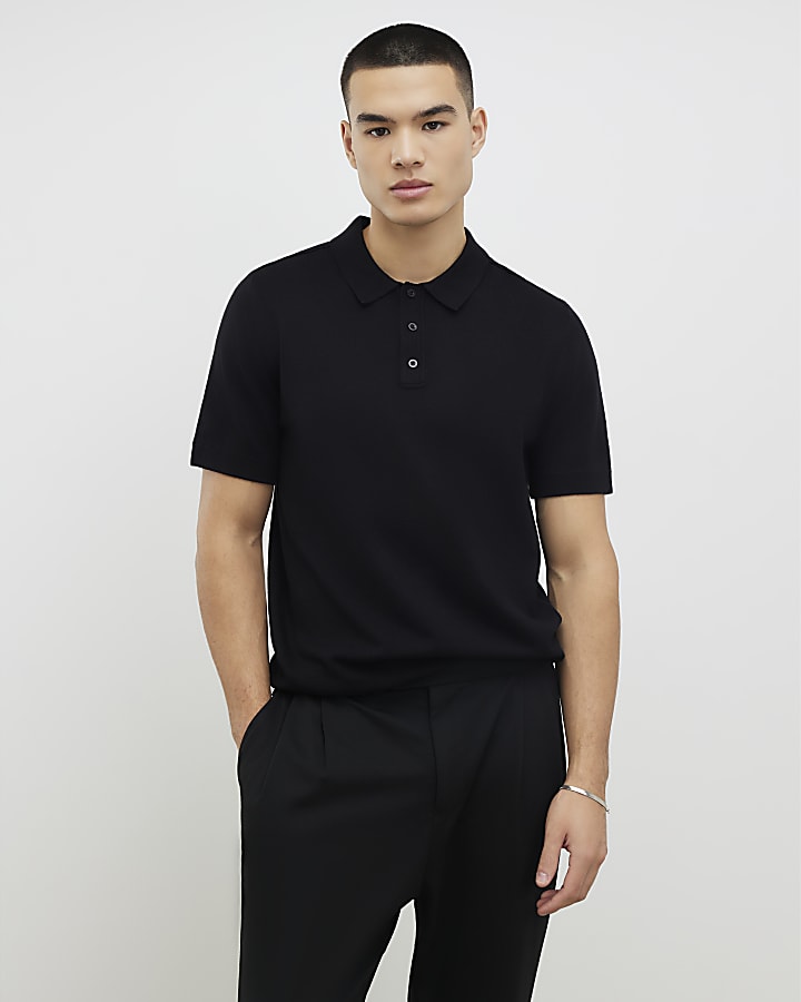 Black Slim Fit Knitted Polo Shirt