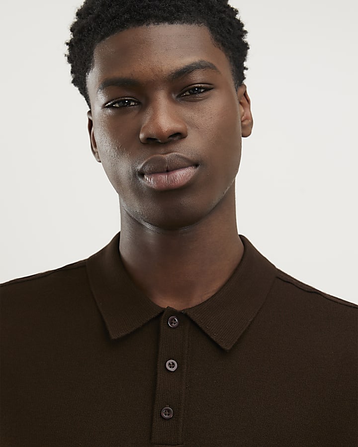 Brown Slim Fit Knit Polo Shirt