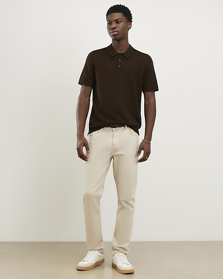Brown Slim Fit Knit Polo Shirt