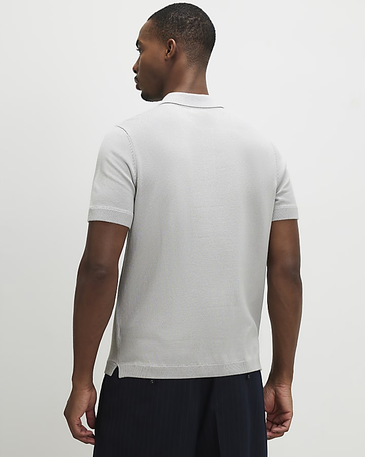 Grey Slim Fit Knit Polo Shirt