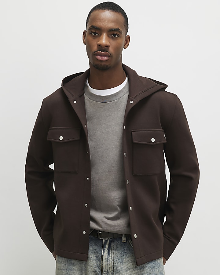 Brown Slim Fit Hooded Premium Overshirt