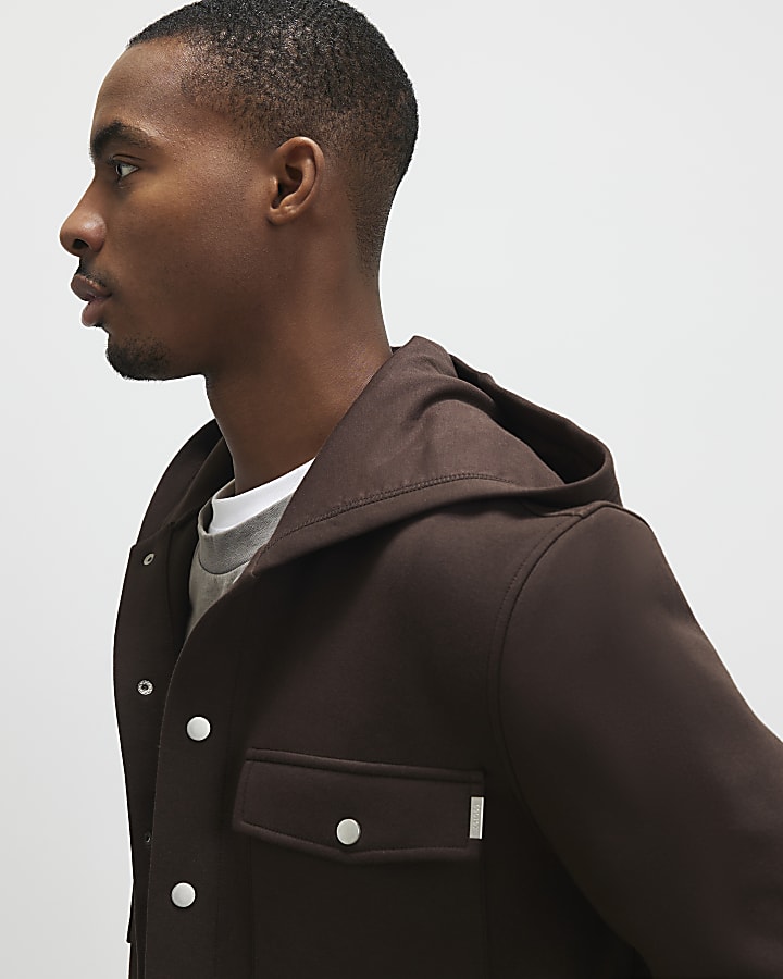 Brown Slim Fit Hooded Premium Overshirt