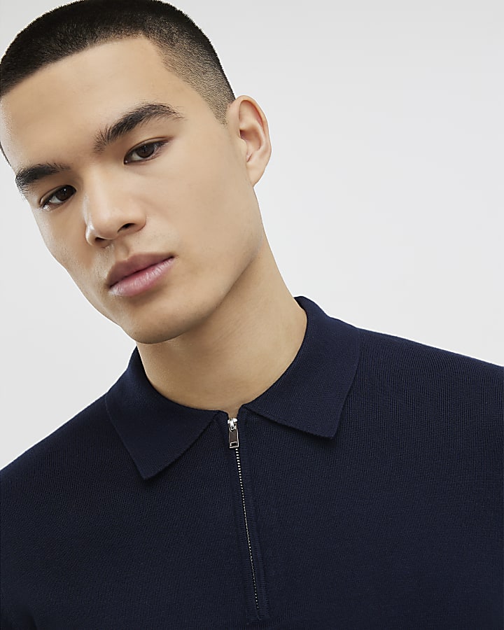Navy Slim Fit Zip Polo Shirt