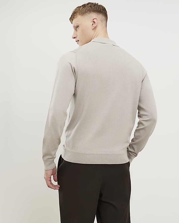 Beige Slim Fit Zip Polo Jumper