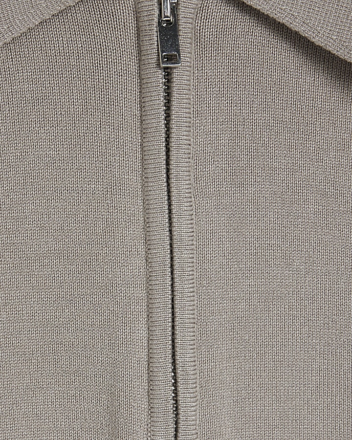Beige Slim Fit Zip Polo Jumper