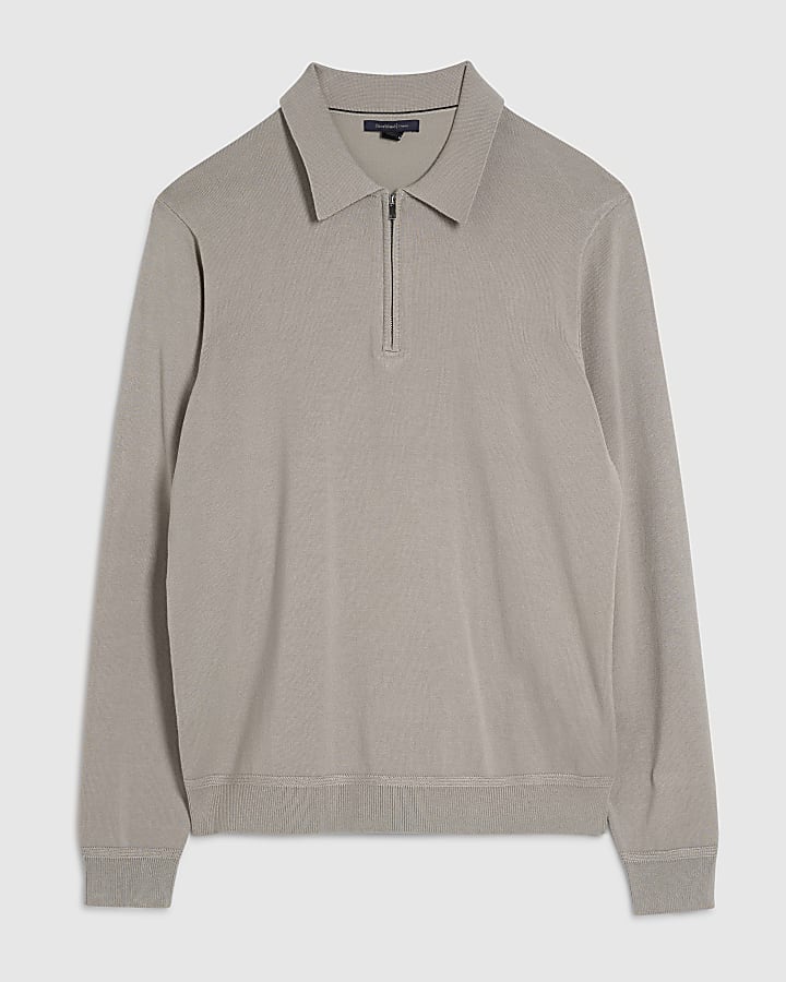 Beige Slim Fit Zip Polo Jumper