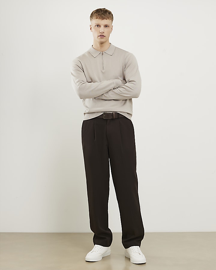 Beige Slim Fit Zip Polo Jumper