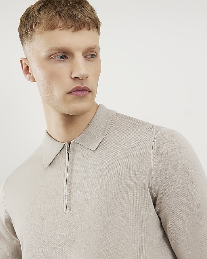 Beige Slim Fit Zip Polo Jumper