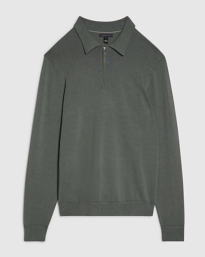 Green Slim Fit Zip Polo Jumper