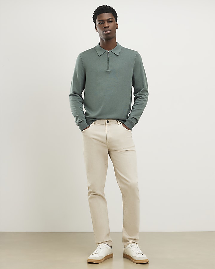 Green Slim Fit Zip Polo Jumper