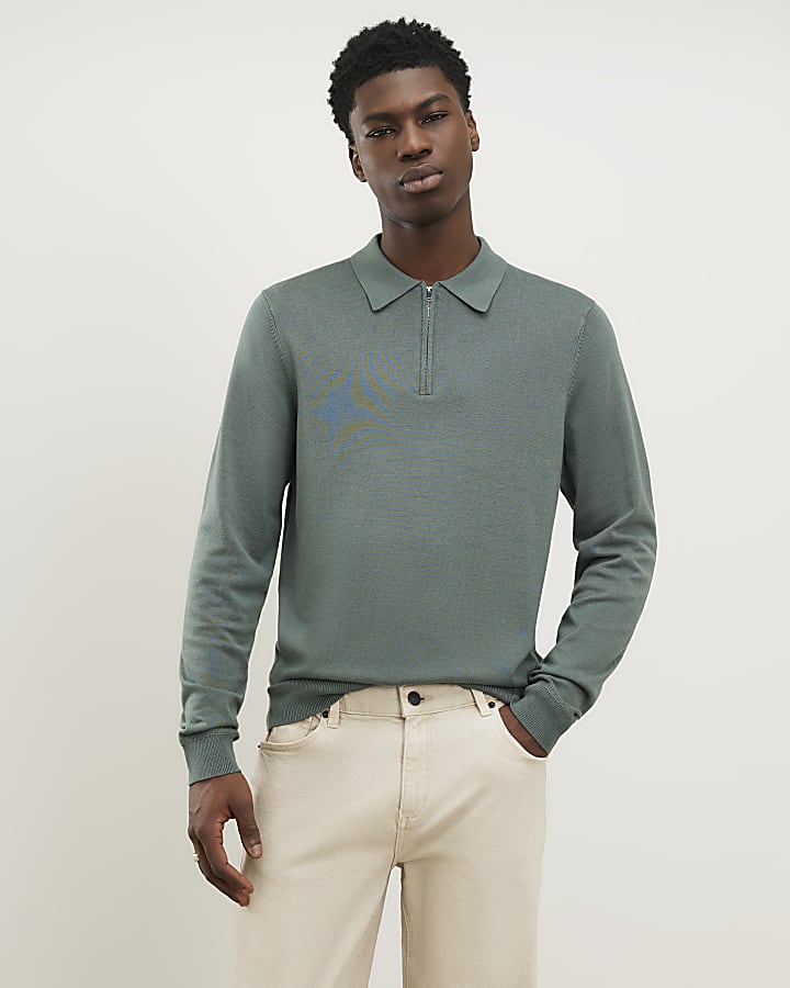 Green Slim Fit Zip Polo Jumper