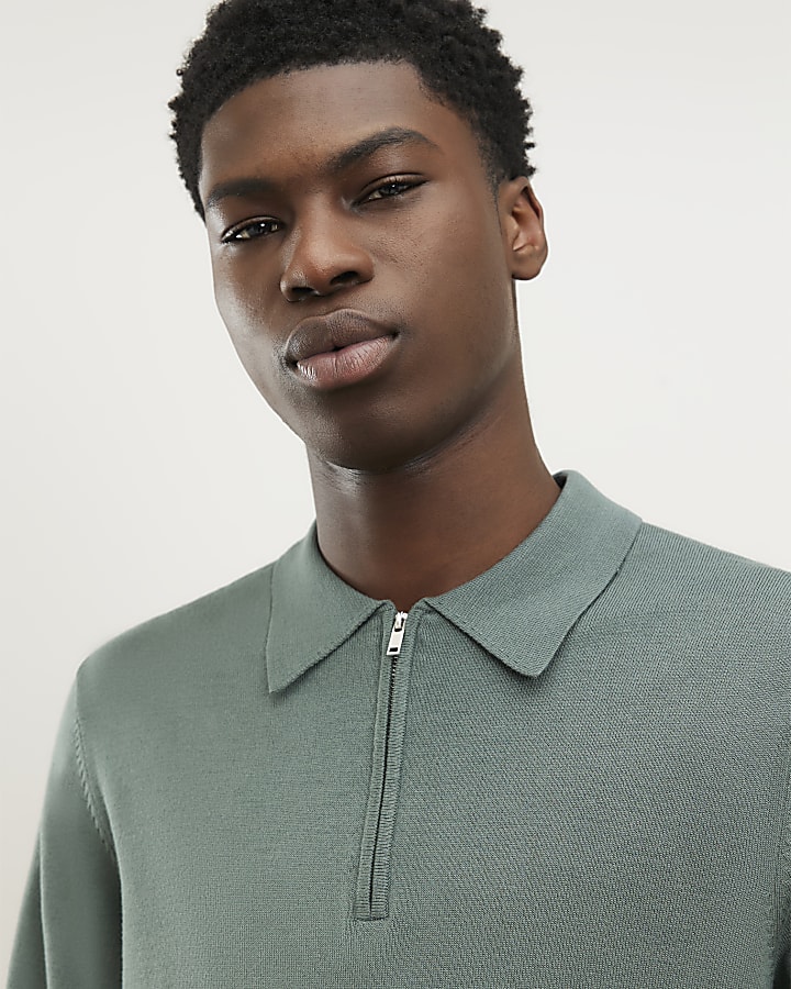 Green Slim Fit Zip Polo Jumper
