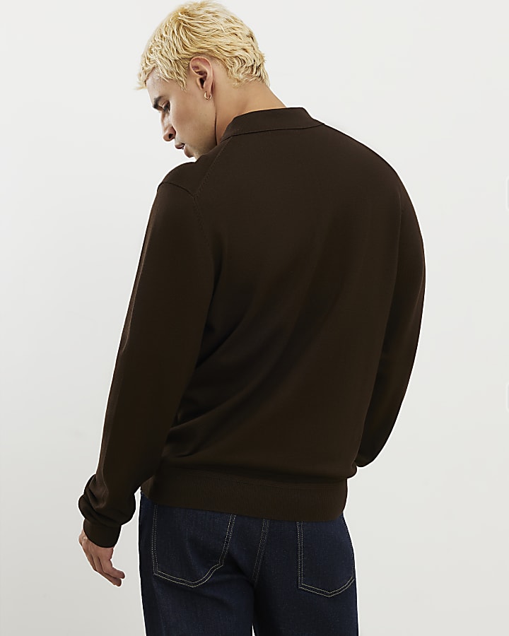 Brown Slim Fit Zip Polo Jumper