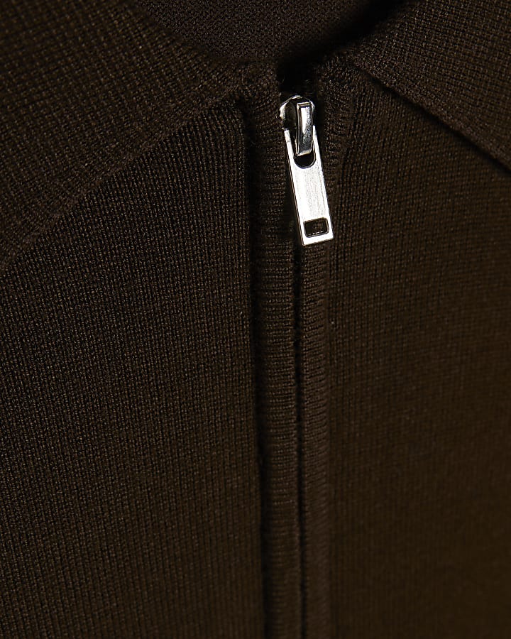 Brown Slim Fit Quarter Zip Polo Jumper