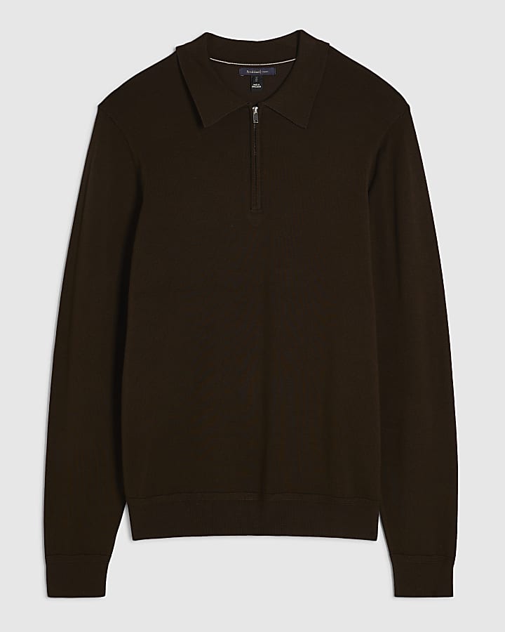 Brown Slim Fit Quarter Zip Polo Jumper