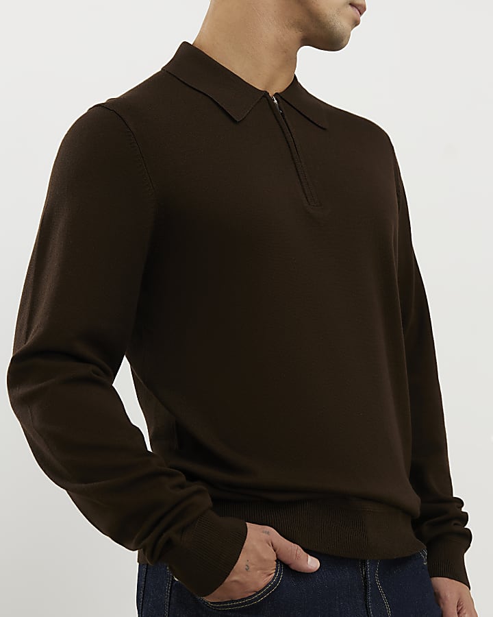 Brown Slim Fit Zip Polo Jumper