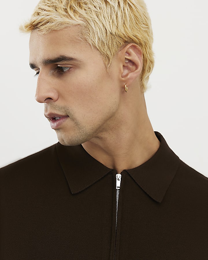 Brown Slim Fit Zip Polo Jumper