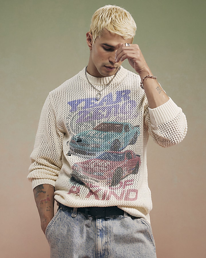 Beige Year Zero Car Print Knitted Jumper