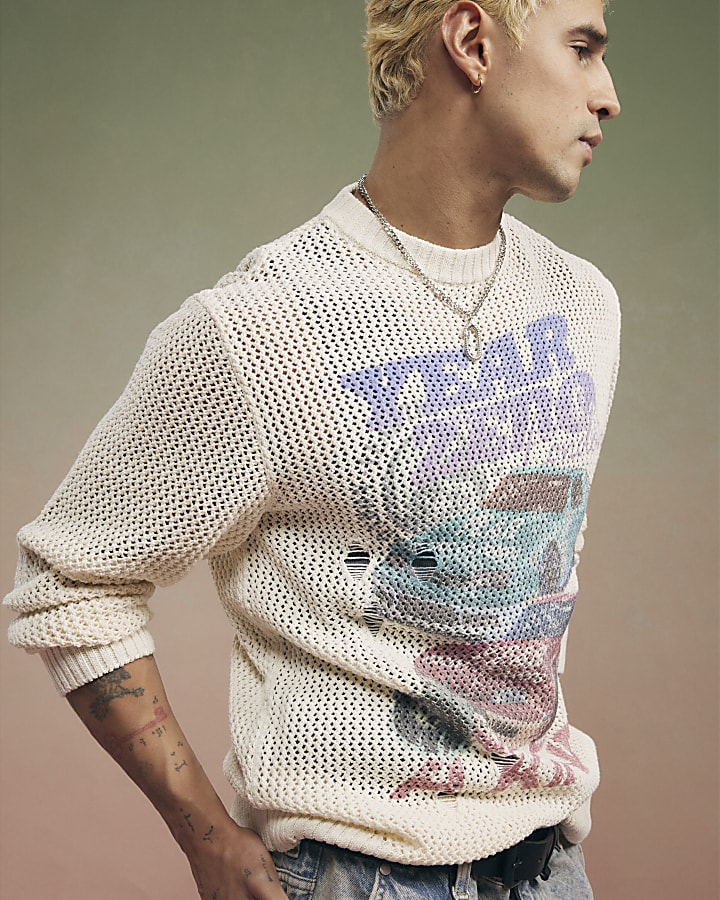 Beige Year Zero Car Print Knitted Jumper