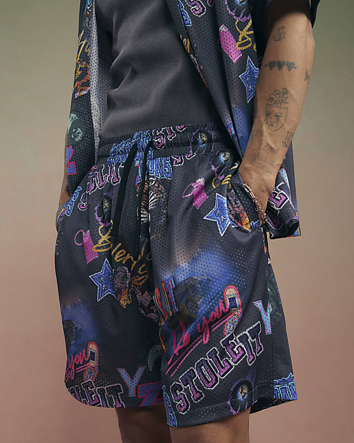Black Year Zero Graphic Mesh Shorts