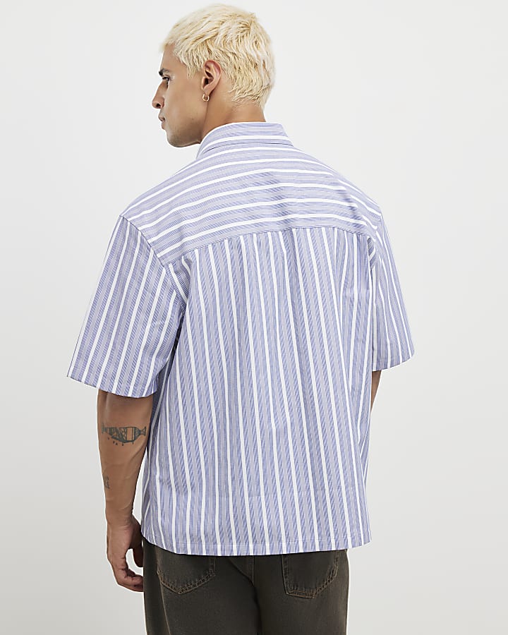 Blue Short Sleeve Striped Badged Shirt