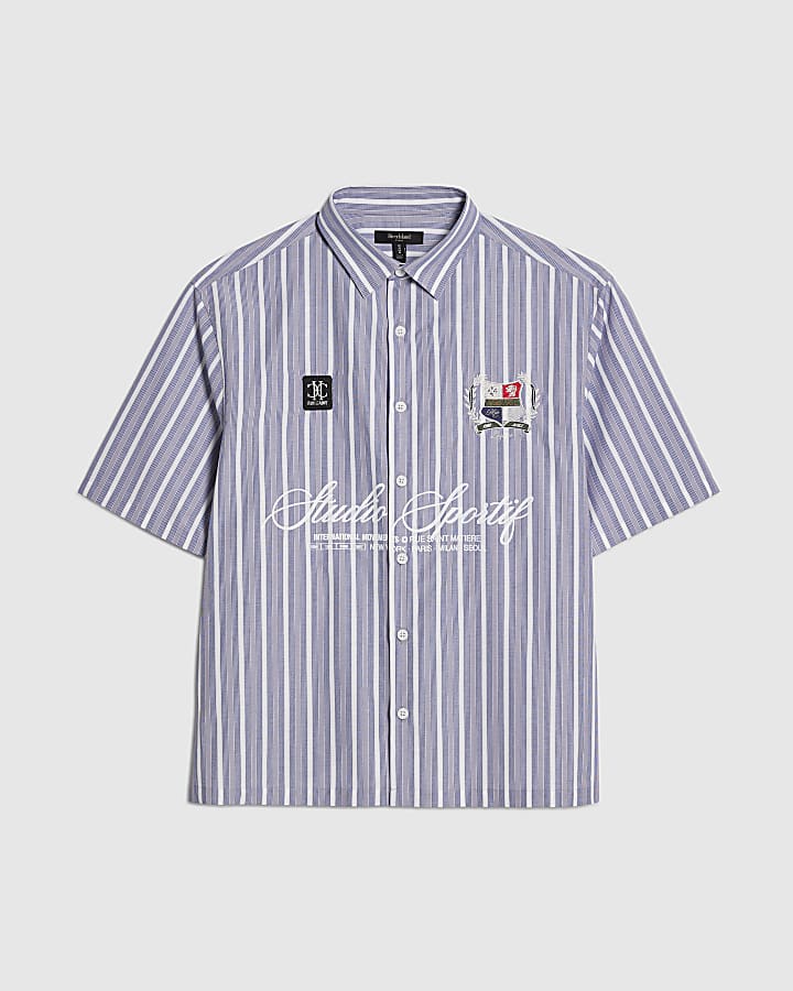 Blue Short Sleeve Striped Badged Shirt