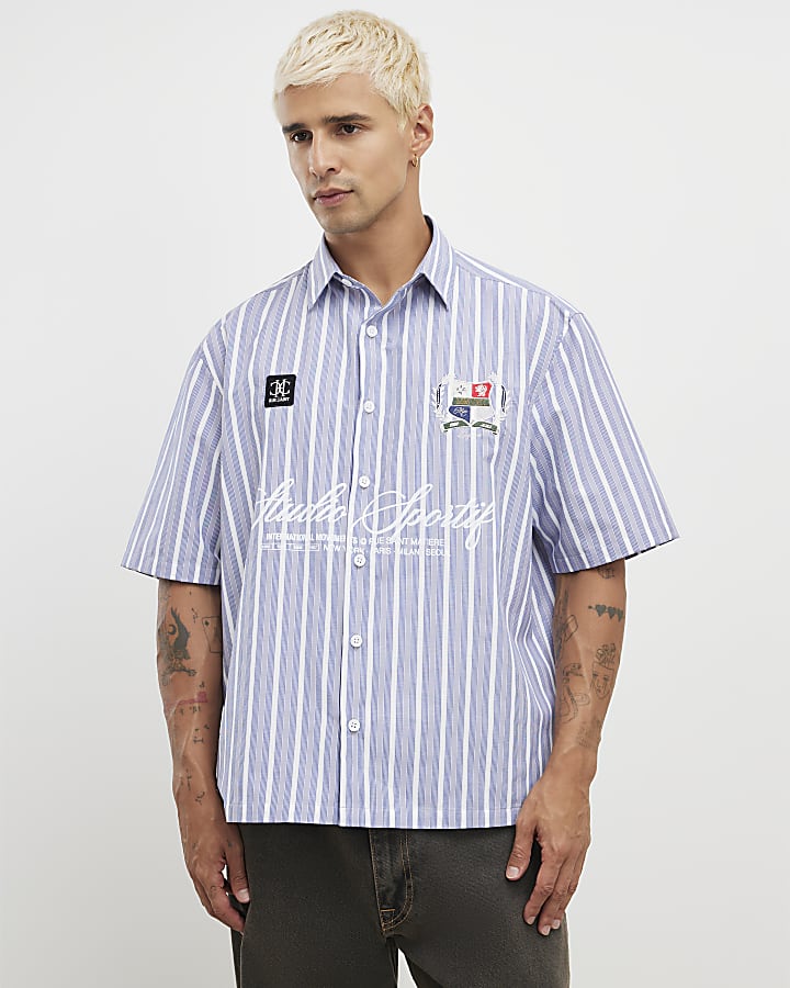 Blue Short Sleeve Striped Badged Shirt