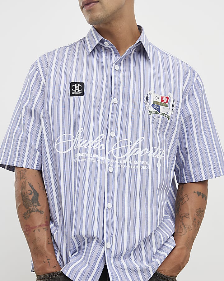 Blue Short Sleeve Striped Badged Shirt