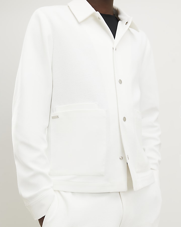 Cream Slim Fit Textured Overshirt