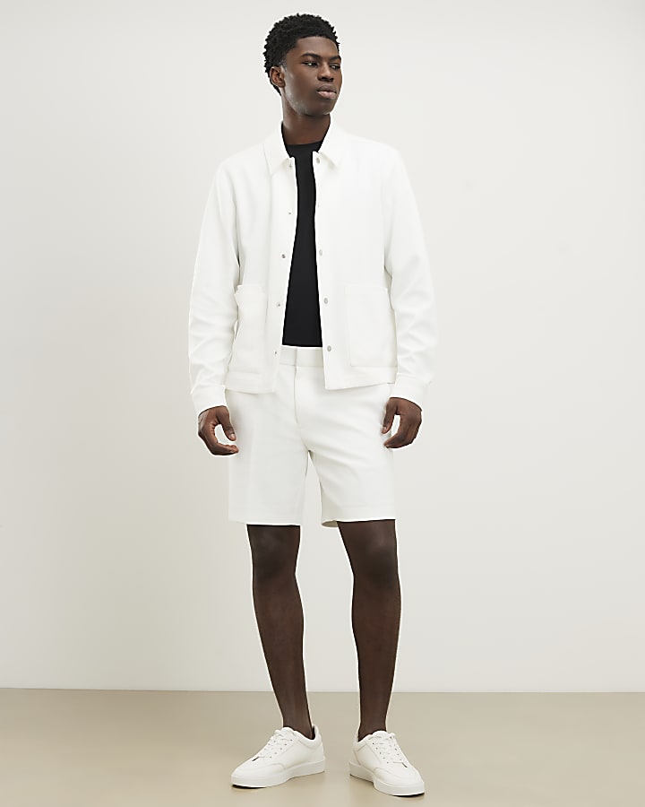 Cream Slim Fit Textured Overshirt