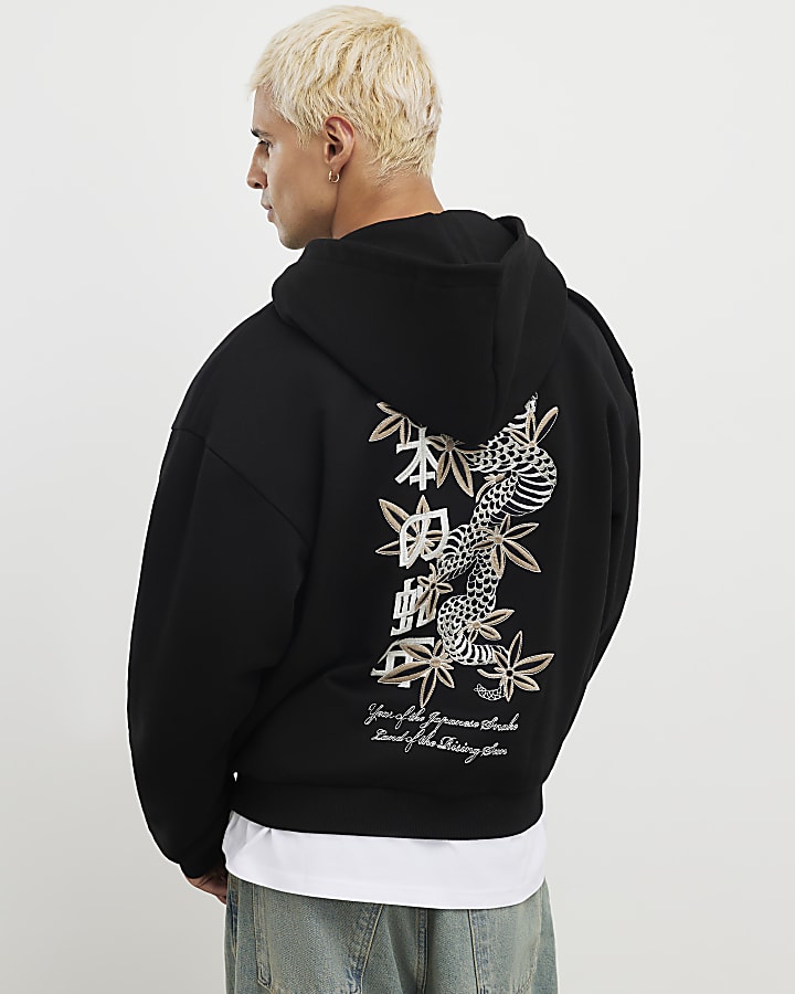 Black Oversized Fit Japanese Snake Zip Hoodie