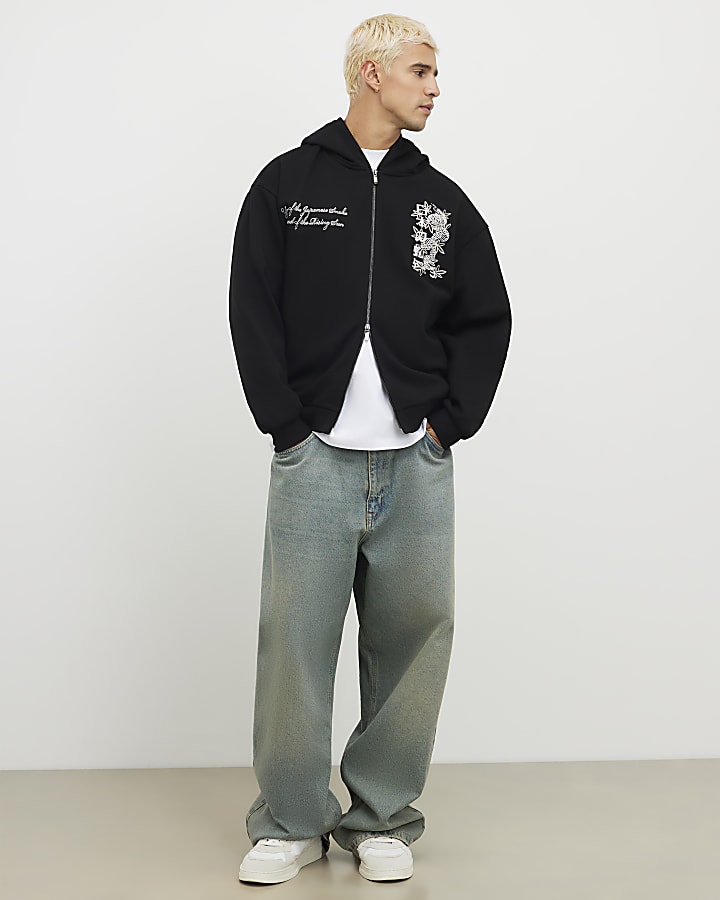 Black Oversized Fit Japanese Snake Zip Hoodie