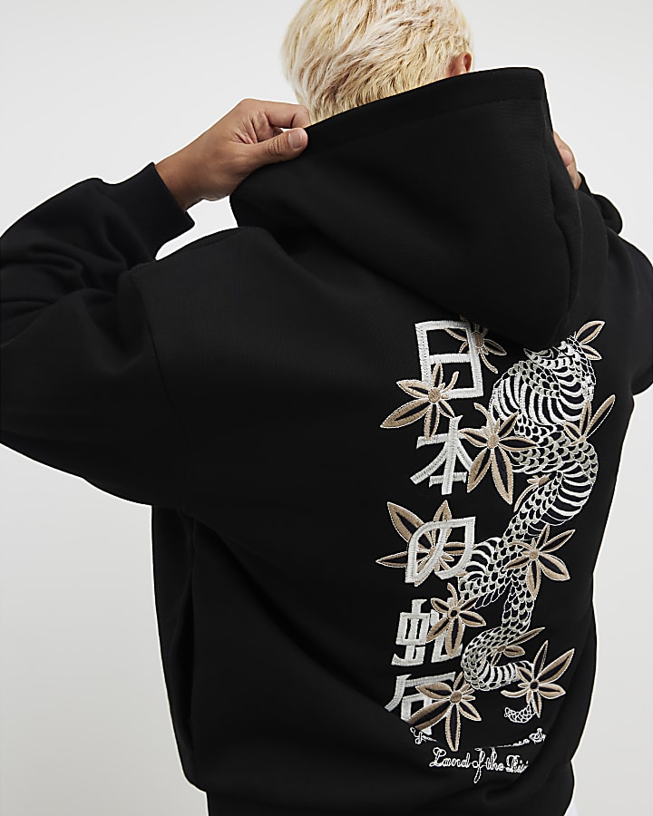 Black Oversized Fit Japanese Snake Zip Hoodie