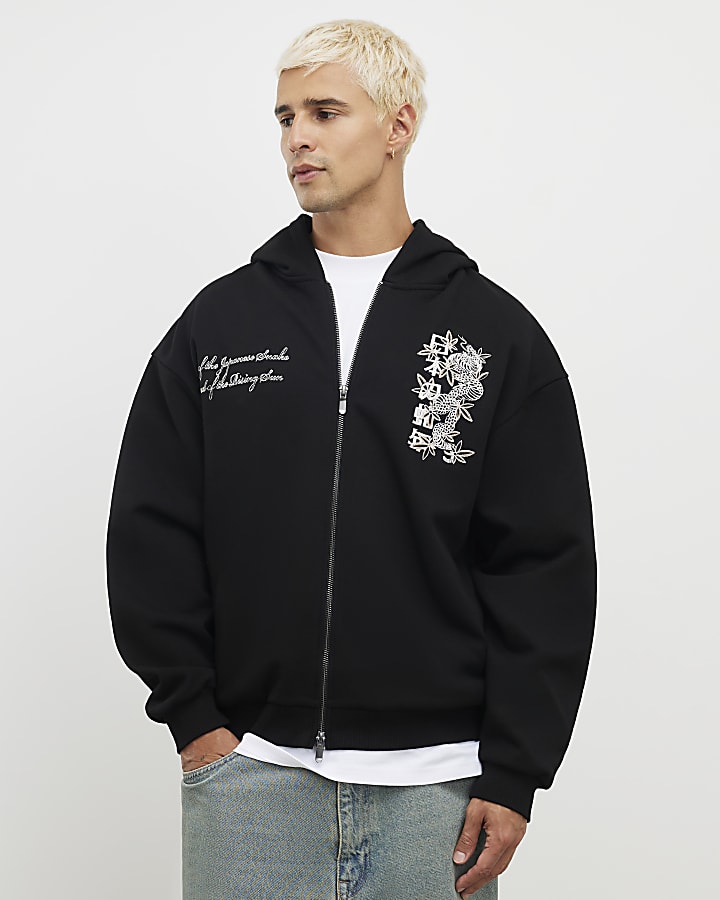 Black Oversized Fit Japanese Snake Zip Hoodie