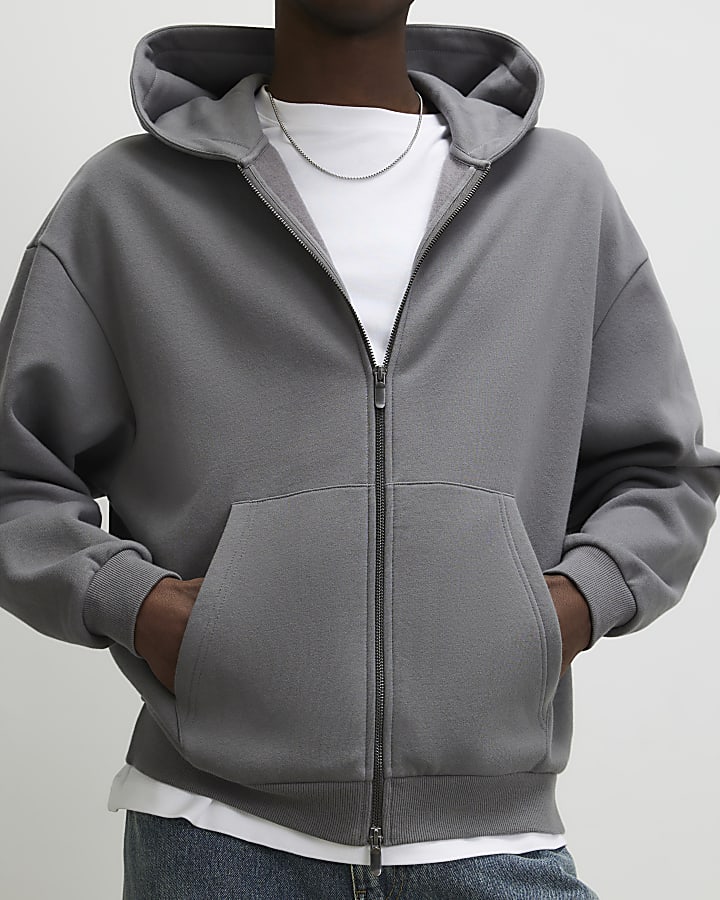 Grey Oversized Fit Zipped Hoodie