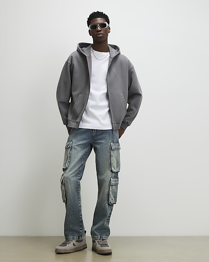 Grey Oversized Fit Zipped Hoodie
