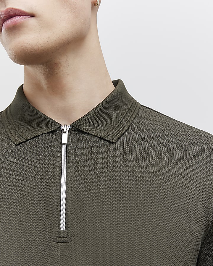 Khaki Slim Fit Textured Polo Shirt