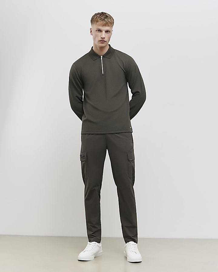 Khaki Slim Fit Textured Polo Shirt