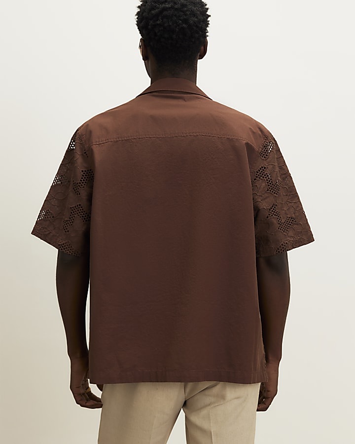 Brown Boxy Fit Lace Fabric Block Shirt